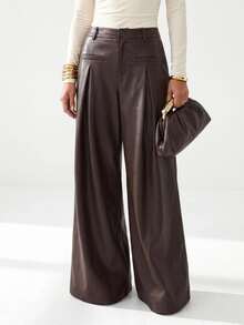 Zivah Women's Fashion Hot Girl PU Material Button Pleated Long Pants - Brown - View 2
