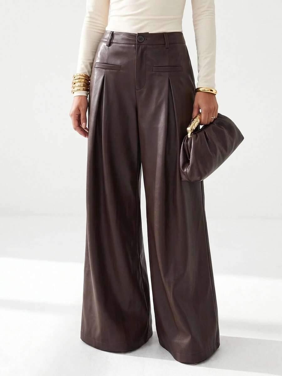 Zivah Women's Fashion Hot Girl PU Material Button Pleated Long Pants