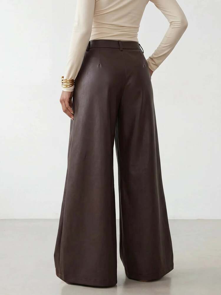 Zivah Women's Fashion Hot Girl PU Material Button Pleated Long Pants - Brown - View 2