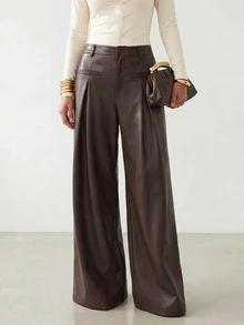Zivah Women's Fashion Hot Girl PU Material Button Pleated Long Pants - Brown - View 4