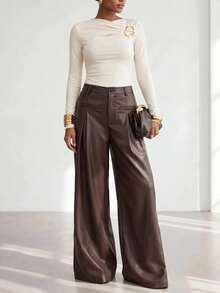 Zivah Women's Fashion Hot Girl PU Material Button Pleated Long Pants - Brown - View 11