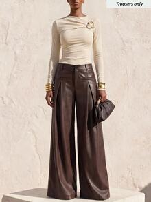 Zivah Women's Fashion Hot Girl PU Material Button Pleated Long Pants - Brown - View 7