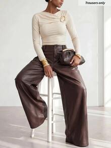 Zivah Women's Fashion Hot Girl PU Material Button Pleated Long Pants - Brown - View 9