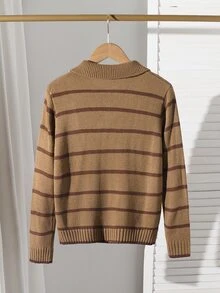 SHEIN 1件男童毛衣，經典百搭 Polo 領鈕扣設計，經典配色拼接條紋，落肩長袖，休閒學院風，適中厚度，整潔下擺與緊口袖口，觸感滑順，適合單穿，適用日常穿著、上學、外出、戶外活動等，秋冬穿搭 - 彩色 - 查看 2