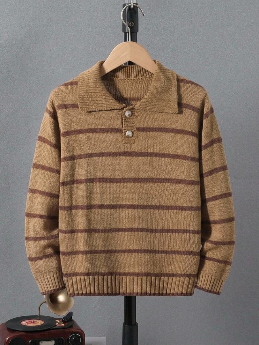 SHEIN 1件男童毛衣,經典百搭 Polo 領鈕扣設計,經典配色拼接條紋,落肩長袖,休閒學院風,適中厚度,整潔下擺與緊口袖口,觸感滑順,適合單穿,適用日常穿著、上學、外出、戶外活動等,秋冬穿搭 - 彩色 - 查看 1