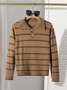 SHEIN 1件男童毛衣，經典百搭 Polo 領鈕扣設計，經典配色拼接條紋，落肩長袖，休閒學院風，適中厚度，整潔下擺與緊口袖口，觸感滑順，適合單穿，適用日常穿著、上學、外出、戶外活動等，秋冬穿搭 - 彩色 - 查看 6