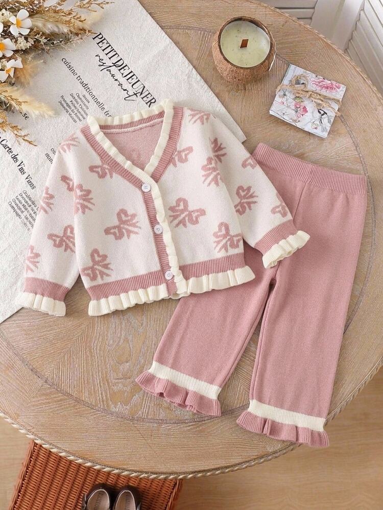 SHEIN Playful Pals Baby Girls Sweater Co-Ords, Round Neck Knitted Long Sleeve Cardigan + Knitted Long Pants, Lotus Pink Design, Comfortable For Autumn/Winter, Fashionable And Versatile 2 Pieces Set, Gentle And Elegant For Daily Wear, Outings And Travel - Pink - View 4