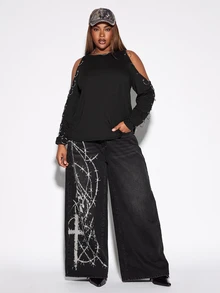 ROMWE Grunge Punk Dark Punk Metal Ring Buckle Decor Cold Shoulder Design Plus Size Women Loose Sweatshirt - Black - View 4