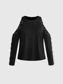 ROMWE Grunge Punk Dark Punk Metal Ring Buckle Decor Cold Shoulder Design Plus Size Women Loose Sweatshirt - Black - View 6