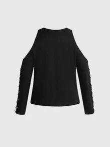 ROMWE Grunge Punk Dark Punk Metal Ring Buckle Decor Cold Shoulder Design Plus Size Women Loose Sweatshirt - Black - View 7