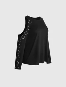 ROMWE Grunge Punk Dark Punk Metal Ring Buckle Decor Cold Shoulder Design Plus Size Women Loose Sweatshirt - Black - View 8
