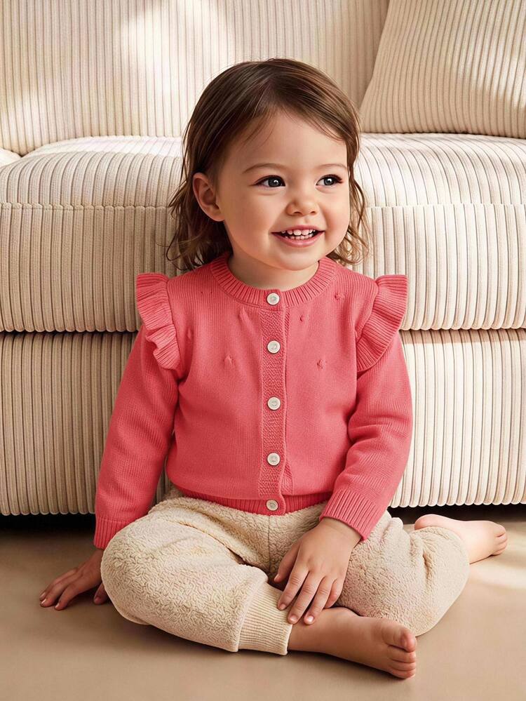 Elladie kids Baby Girl Autumn/Winter Round Neck Long Sleeve Single-Breasted Cute Knit Cardigan - Hot Pink - View 1