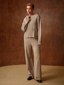 MOTF PREMIUM ELEGANT PEARL BUTTON DECOR FRONT SLIT LOOSE KNIT 2 PIECES SET FOR WOMEN, AUTUMN/WINTER - Khaki - View 5
