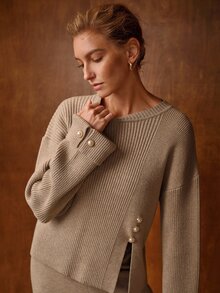 MOTF PREMIUM ELEGANT PEARL BUTTON DECOR FRONT SLIT LOOSE KNIT 2 PIECES SET FOR WOMEN, AUTUMN/WINTER - Khaki - View 6