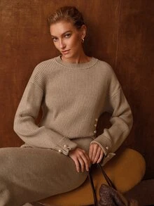 MOTF PREMIUM ELEGANT PEARL BUTTON DECOR FRONT SLIT LOOSE KNIT 2 PIECES SET FOR WOMEN, AUTUMN/WINTER - Khaki - View 8