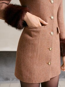 MOTF PREMIUM WOMEN'S AUTUMN/WINTER WOOL SINGLE-SIDED FELT & FAUX FUR PATCHWORK SHORT DRESS - Coffee Brown - View 4