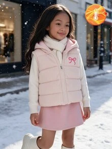 SHEIN Elladie kids 女童杏色燈芯絨連帽背心，粉色抓絨內裡，前拉鍊開合，粉色蝴蝶結刺繡細節，無袖休閒可愛疊穿外套 - 杏色 - 查看 11