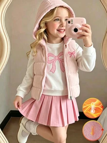 SHEIN Elladie kids 女童杏色燈芯絨連帽背心，粉色抓絨內裡，前拉鍊開合，粉色蝴蝶結刺繡細節，無袖休閒可愛疊穿外套 - 杏色 - 查看 6