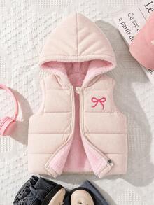 SHEIN Elladie kids 女童杏色燈芯絨連帽背心，粉色抓絨內裡，前拉鍊開合，粉色蝴蝶結刺繡細節，無袖休閒可愛疊穿外套 - 杏色 - 查看 9