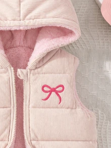 SHEIN Elladie kids 女童杏色燈芯絨連帽背心，粉色抓絨內裡，前拉鍊開合，粉色蝴蝶結刺繡細節，無袖休閒可愛疊穿外套 - 杏色 - 查看 3