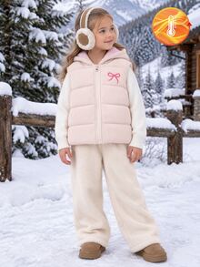 SHEIN Elladie kids 女童杏色燈芯絨連帽背心，粉色抓絨內裡，前拉鍊開合，粉色蝴蝶結刺繡細節，無袖休閒可愛疊穿外套 - 杏色 - 查看 10