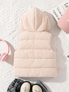 SHEIN Elladie kids 女童杏色燈芯絨連帽背心，粉色抓絨內裡，前拉鍊開合，粉色蝴蝶結刺繡細節，無袖休閒可愛疊穿外套 - 杏色 - 查看 2