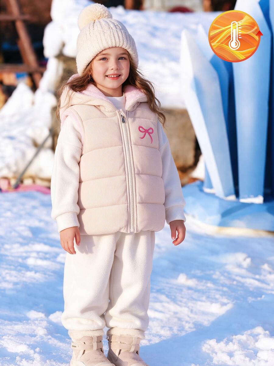 SHEIN Elladie kids 女童杏色燈芯絨連帽背心,粉色抓絨內裡,前拉鍊開合,粉色蝴蝶結刺繡細節,無袖休閒可愛疊穿外套 - 杏色 - 查看 1