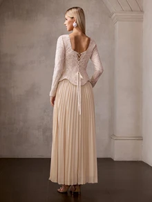 MOTF Soiréza ELEGANT WOMEN'S SQUARE NECK LONG SLEEVE BEADED CHIFFON PLEATED MAXI DRESS , WEDDING, PARTY - Champagne - View 4