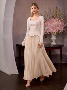 MOTF Soiréza ELEGANT WOMEN'S SQUARE NECK LONG SLEEVE BEADED CHIFFON PLEATED MAXI DRESS , WEDDING, PARTY - Champagne - View 3
