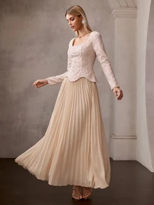 MOTF Soiréza ELEGANT WOMEN'S SQUARE NECK LONG SLEEVE BEADED CHIFFON PLEATED MAXI DRESS , WEDDING, PARTY - Champagne - View 5