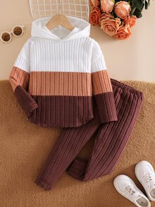 Elladie kids 女童新款橘色白色咖啡色三色拼接連帽長袖上衣與鬆緊腰休閒寬鬆軟針織長褲兩件套 春秋款 - 棕色 - 查看 5