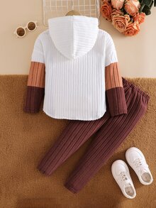 Elladie kids 女童新款橘色白色咖啡色三色拼接連帽長袖上衣與鬆緊腰休閒寬鬆軟針織長褲兩件套 春秋款 - 棕色 - 查看 2