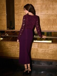 MOTF WOMEN PREMIUM THIN LACE PATCHWORK ELEGANT BODYCON DRESS - Purple - View 7