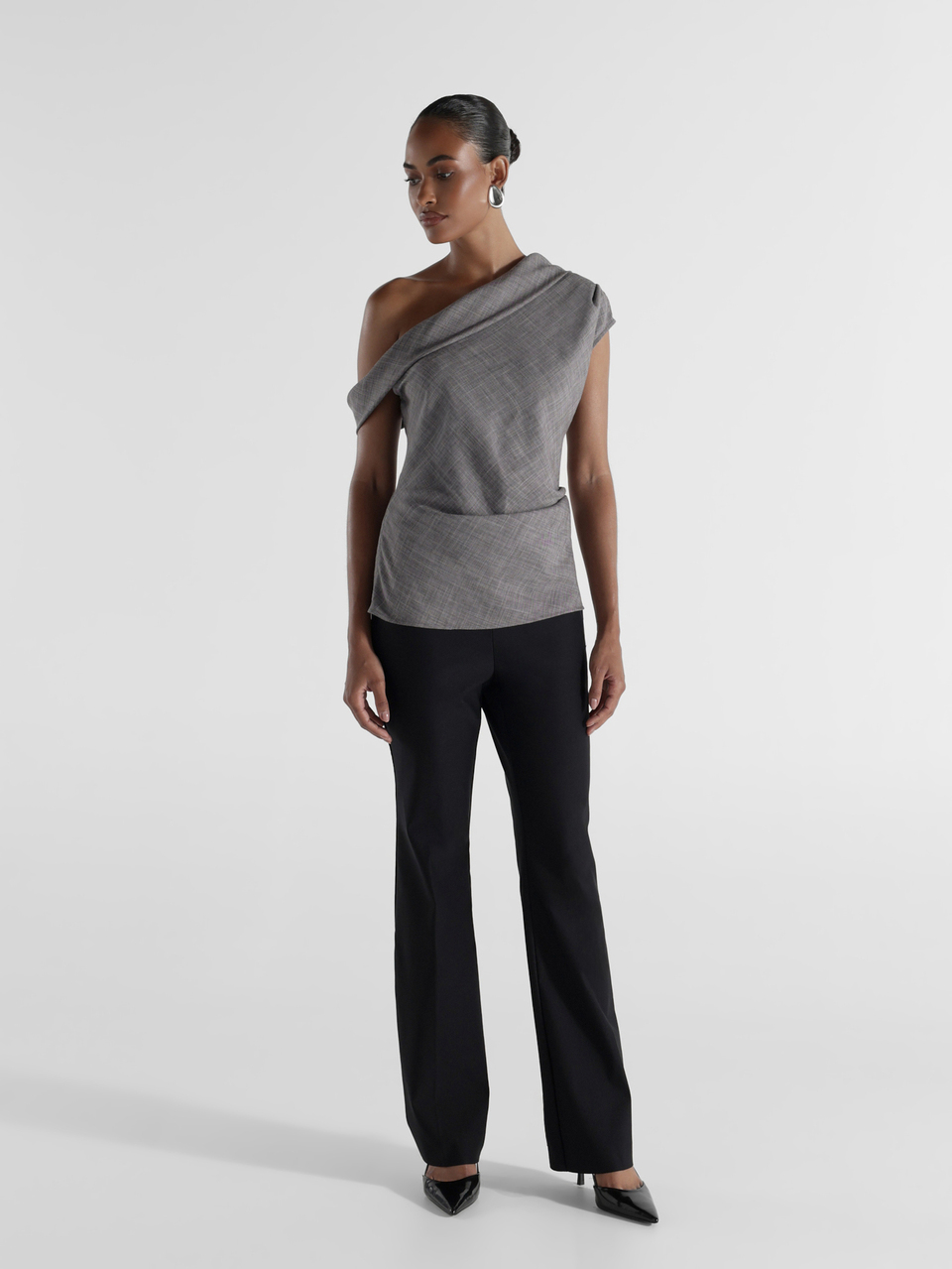 KSTM Asymmetric One-Shoulder Draped Blouse With Ruched Waist Detail And Cap Sleeve Elegant Evening Top