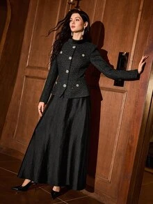 MOTF PREMIUM AUTUMN/WINTER WOMEN'S 2 IN 1 CINCHED WAIST FLARED TEXTURED MICRO-SHIMMER PATCHWORK LONG DRESS - Black - View 3