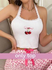 SHEIN Sweet Ins Style Cherry Print Lace Panel Halter Neck Ladies Sleepwear Top - White - View 3
