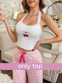 SHEIN Sweet Ins Style Cherry Print Lace Panel Halter Neck Ladies Sleepwear Top - White - View 6
