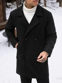 Manfinity CasualCool 黑色羊毛雙排扣男士外套，秋冬款寬鬆版型翻領中長版羊毛夾克，復古極簡通勤老錢風羊毛上衣，適合萬聖節、聖誕節、新年禮物 - 黑色 - 查看 4