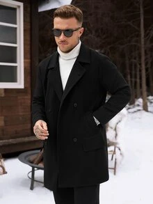 Manfinity CasualCool 黑色羊毛雙排扣男士外套，秋冬款寬鬆版型翻領中長版羊毛夾克，復古極簡通勤老錢風羊毛上衣，適合萬聖節、聖誕節、新年禮物 - 黑色 - 查看 3