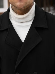 Manfinity CasualCool 黑色羊毛雙排扣男士外套，秋冬款寬鬆版型翻領中長版羊毛夾克，復古極簡通勤老錢風羊毛上衣，適合萬聖節、聖誕節、新年禮物 - 黑色 - 查看 6
