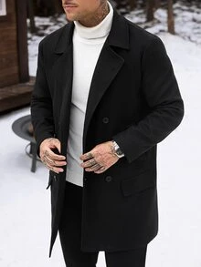 Manfinity CasualCool 黑色羊毛雙排扣男士外套，秋冬款寬鬆版型翻領中長版羊毛夾克，復古極簡通勤老錢風羊毛上衣，適合萬聖節、聖誕節、新年禮物 - 黑色 - 查看 1