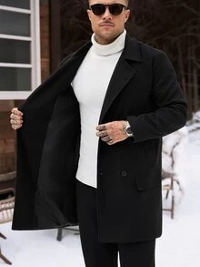 Manfinity CasualCool 黑色羊毛雙排扣男士外套，秋冬款寬鬆版型翻領中長版羊毛夾克，復古極簡通勤老錢風羊毛上衣，適合萬聖節、聖誕節、新年禮物 - 黑色 - 查看 7
