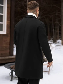Manfinity CasualCool 黑色羊毛雙排扣男士外套，秋冬款寬鬆版型翻領中長版羊毛夾克，復古極簡通勤老錢風羊毛上衣，適合萬聖節、聖誕節、新年禮物 - 黑色 - 查看 2
