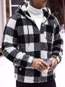 Manfinity CasualCool Men's Plaid Raglan Long Sleeve Zip-Up Hooded Sweatshirt With Drawstring - Black and White - View 8