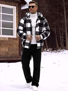 Manfinity CasualCool Men's Plaid Raglan Long Sleeve Zip-Up Hooded Sweatshirt With Drawstring - Black and White - View 3