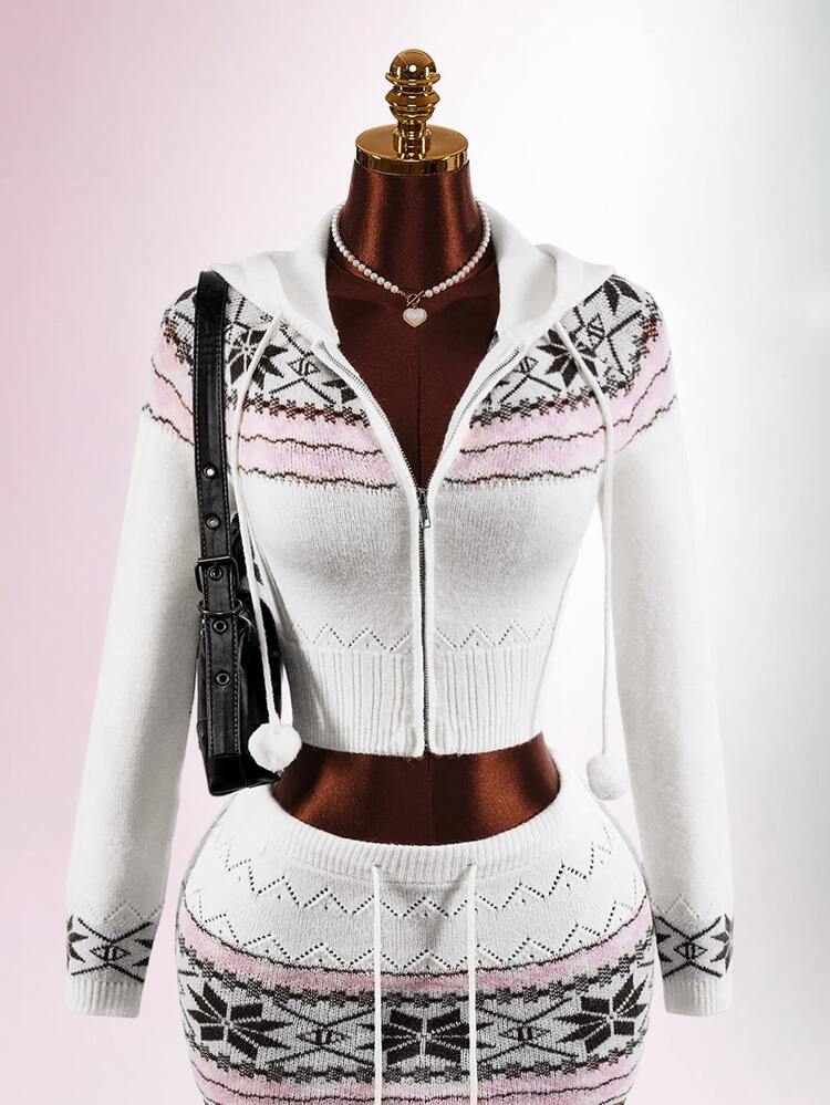 Amplova Women's Fair Isle Style Zip-Up Drawstring Hooded Knit Cardigan - White - View 14
