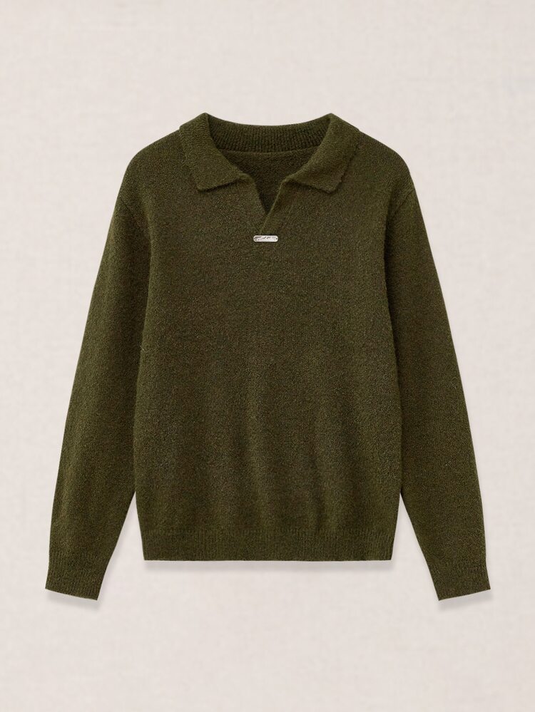 Calmiston Casual Men's Wool Solid Color Polo Collar Short Sleeve Casual Knit Sweater, Vacation, Boyfriend's Gifts Textured Old Money - Green - View 3