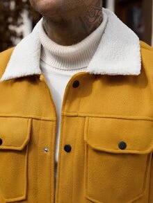 Manfinity CasualCool Men's Wool Collar Flap Pocket Fashion Orange Long Sleeve Coat, Autumn/Winter - Orange - View 6
