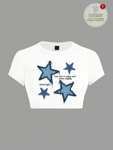 SHEIN ICON 女士休闲简约星星印花圆领短袖短款上衣，夏季 - 白色 - 查看 6