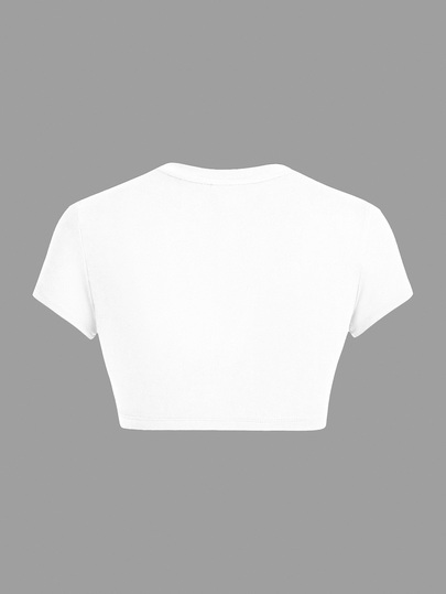 SHEIN ICON توب قصير نصف كم بطباعة نجمة بسيطة وياقة طاقم، كاجوال للنساء، صيفي